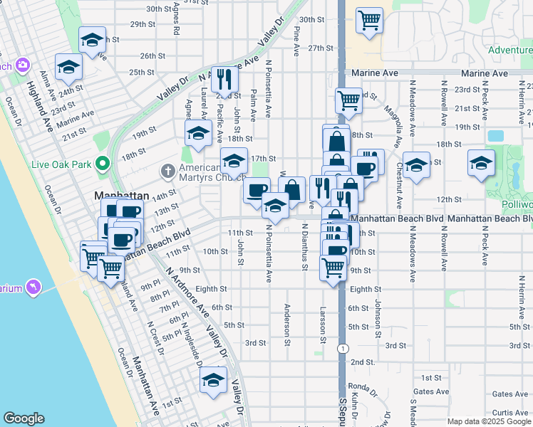 map of restaurants, bars, coffee shops, grocery stores, and more near 877 Manhattan Beach Boulevard in Manhattan Beach