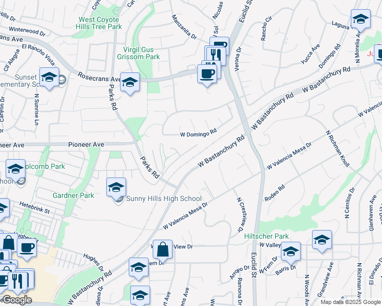 map of restaurants, bars, coffee shops, grocery stores, and more near 1638 North Peacock Lane in Fullerton