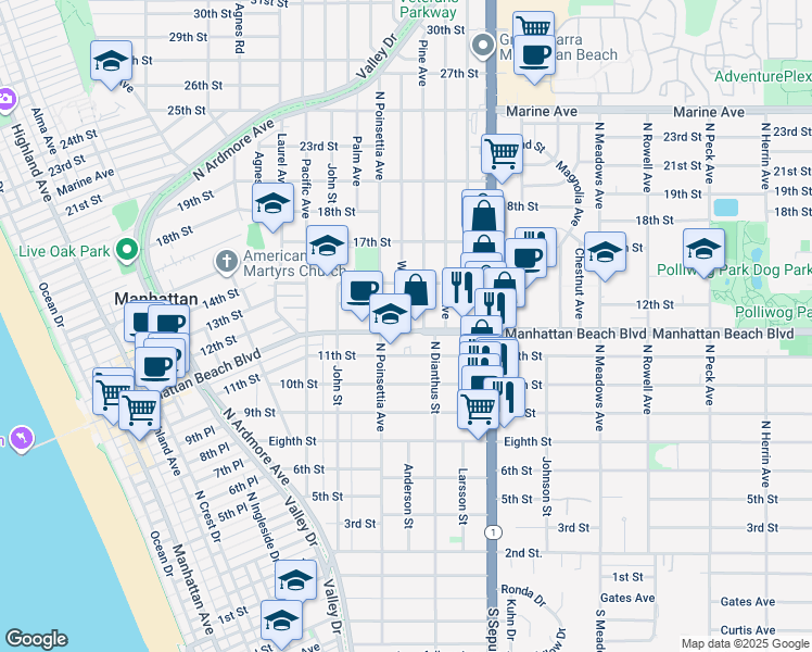 map of restaurants, bars, coffee shops, grocery stores, and more near 1148 Walnut Avenue in Manhattan Beach