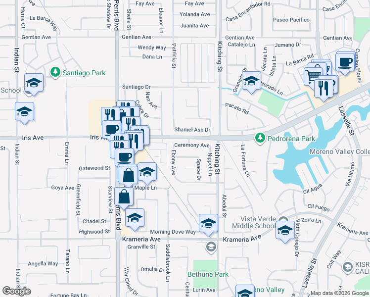 map of restaurants, bars, coffee shops, grocery stores, and more near 25342 Ceremony Avenue in Moreno Valley