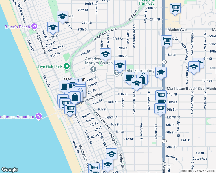 map of restaurants, bars, coffee shops, grocery stores, and more near 752 12th Street in Manhattan Beach