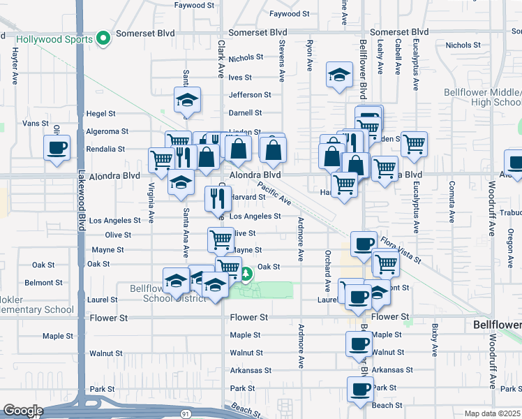 map of restaurants, bars, coffee shops, grocery stores, and more near 9503 Los Angeles Street in Bellflower