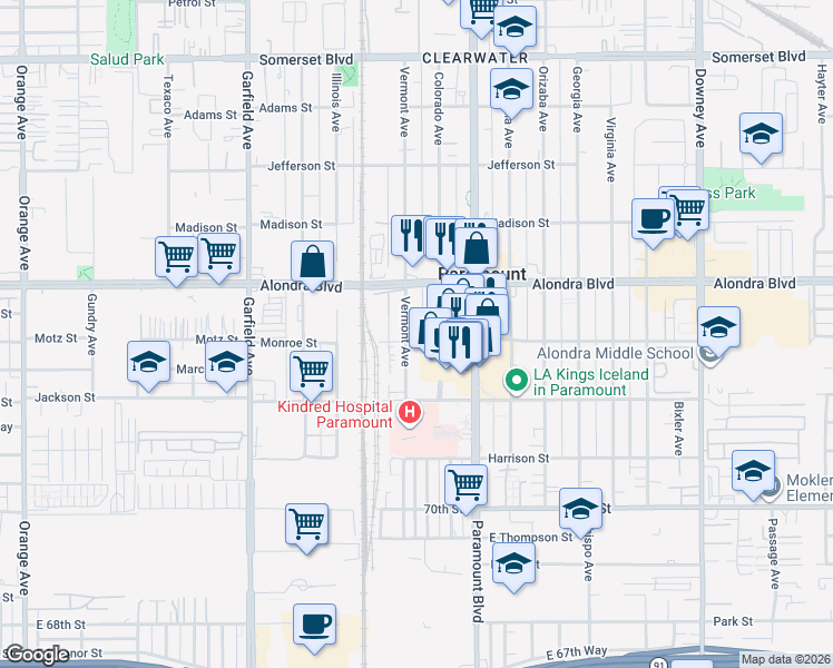 map of restaurants, bars, coffee shops, grocery stores, and more near 15938 Vermont Avenue in Paramount