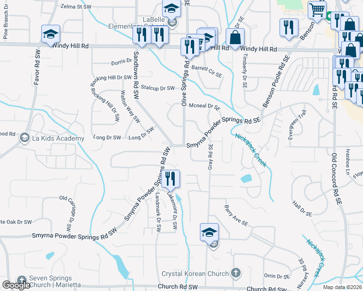 map of restaurants, bars, coffee shops, grocery stores, and more near 10 Smyrna Powder Springs Rd SW in Marietta