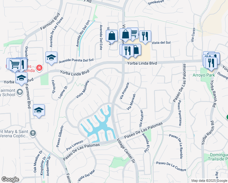 map of restaurants, bars, coffee shops, grocery stores, and more near 5110 Vía Donaldo in Yorba Linda