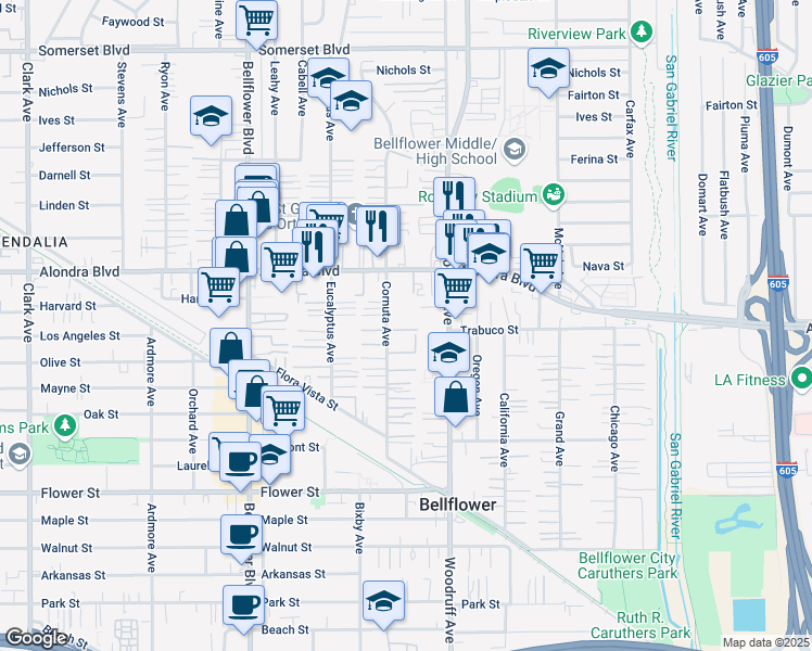 map of restaurants, bars, coffee shops, grocery stores, and more near 16112 3/4 Cornuta Avenue in Bellflower