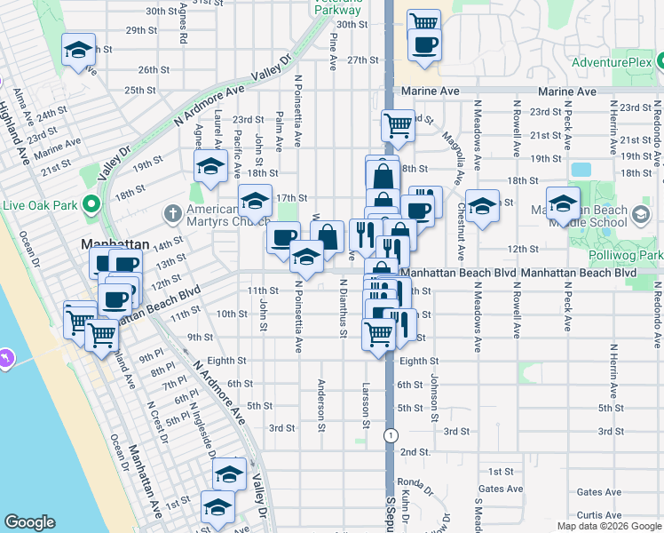 map of restaurants, bars, coffee shops, grocery stores, and more near 947 Manhattan Beach Boulevard in Manhattan Beach