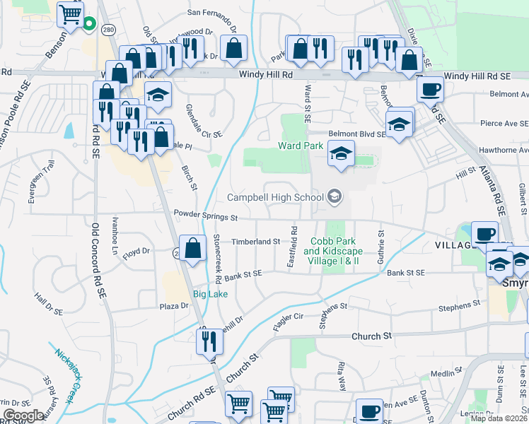 map of restaurants, bars, coffee shops, grocery stores, and more near 823 Frances Drive in Smyrna