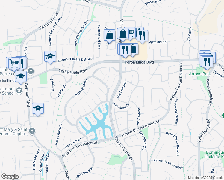 map of restaurants, bars, coffee shops, grocery stores, and more near 5110 Vía Donaldo in Yorba Linda