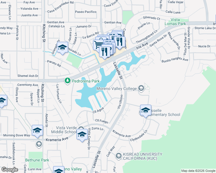 map of restaurants, bars, coffee shops, grocery stores, and more near 16081 Palomino Lane in Moreno Valley