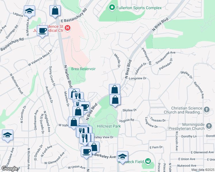 map of restaurants, bars, coffee shops, grocery stores, and more near 113 Helen Drive in Fullerton