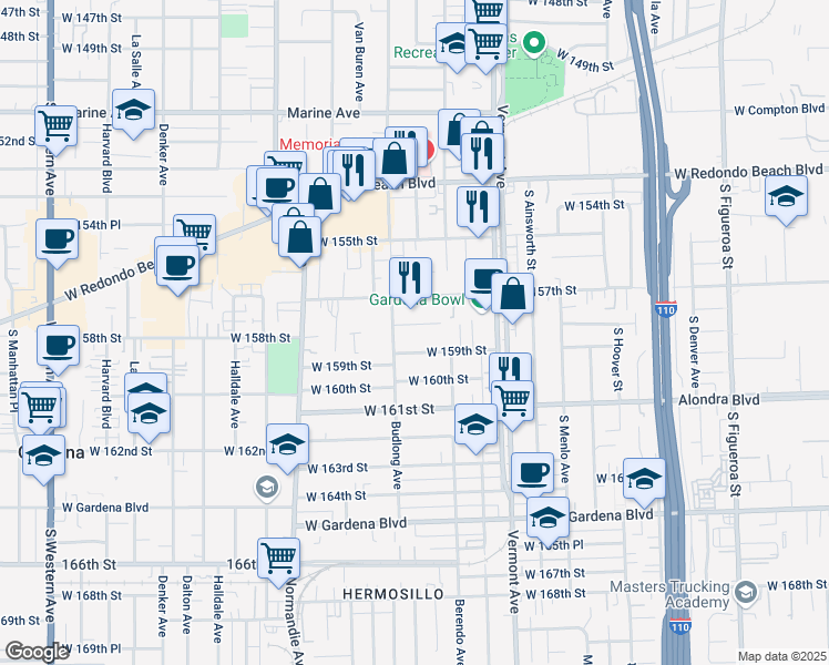 map of restaurants, bars, coffee shops, grocery stores, and more near 1134 West 158th Street in Gardena