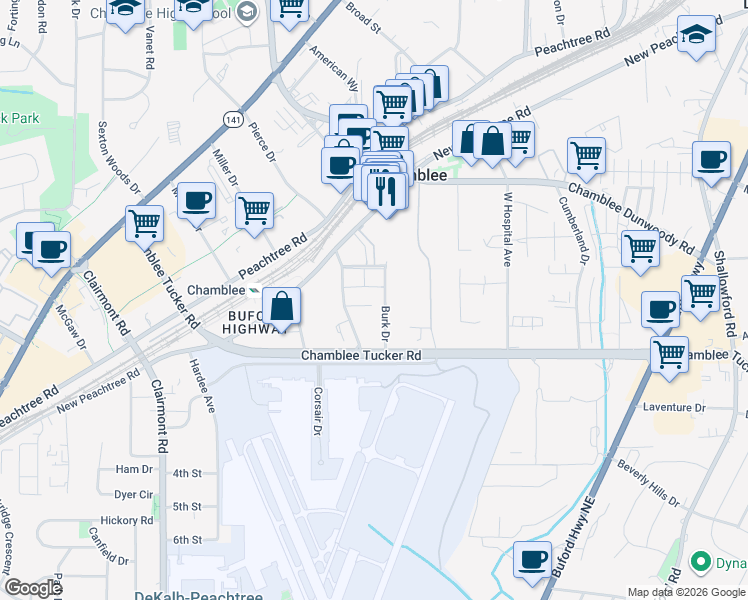 map of restaurants, bars, coffee shops, grocery stores, and more near 3354 Burk Drive in Chamblee