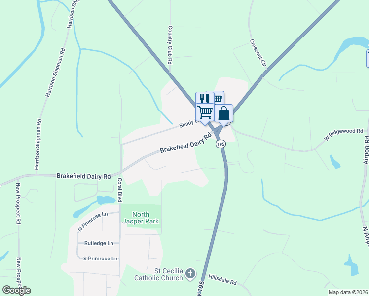 map of restaurants, bars, coffee shops, grocery stores, and more near 1114 Brakefield Dairy Road in Jasper