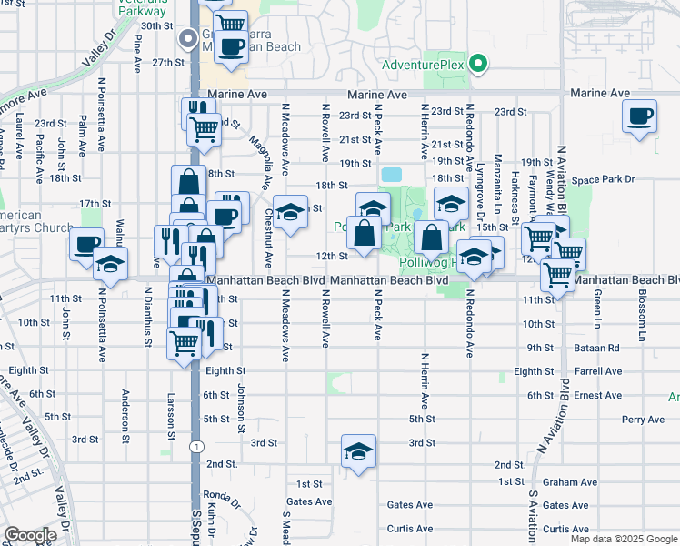 map of restaurants, bars, coffee shops, grocery stores, and more near 1417 Manhattan Beach Boulevard in Manhattan Beach