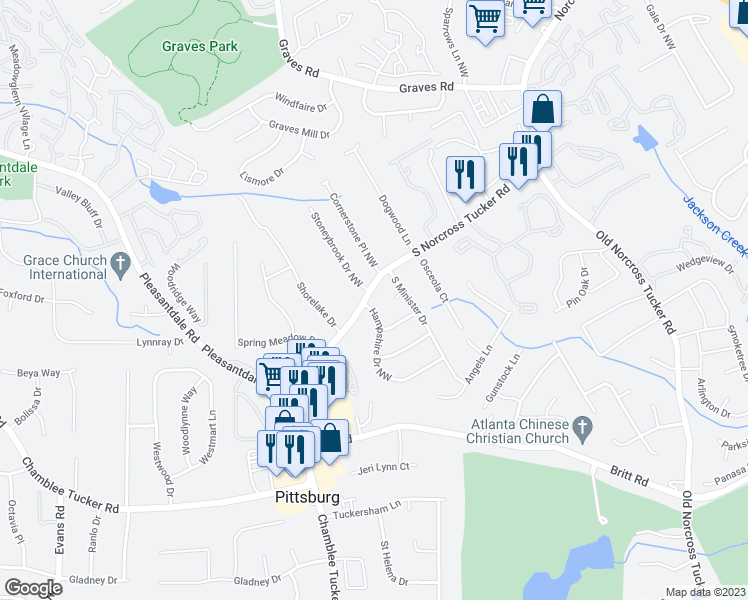 map of restaurants, bars, coffee shops, grocery stores, and more near 6845 Hampshire Drive Northwest in Tucker