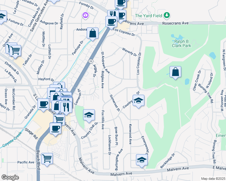 map of restaurants, bars, coffee shops, grocery stores, and more near 8332 Sunnybrook Avenue in Buena Park