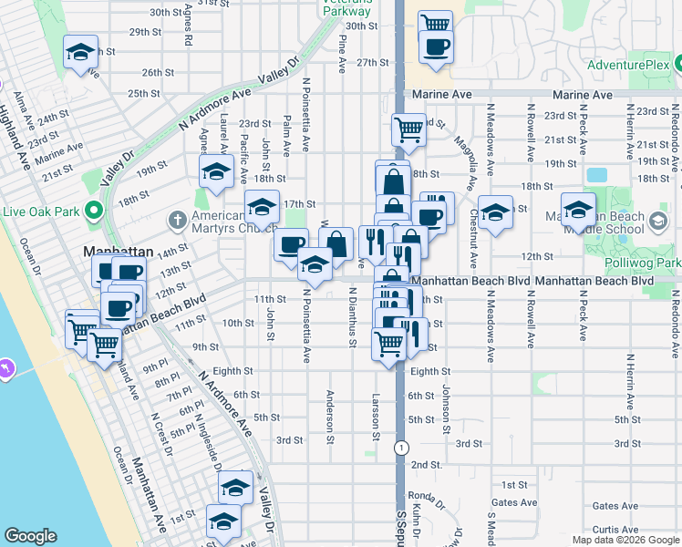 map of restaurants, bars, coffee shops, grocery stores, and more near 947 Manhattan Beach Boulevard in Manhattan Beach