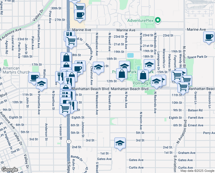 map of restaurants, bars, coffee shops, grocery stores, and more near 1345 Manhattan Beach Boulevard in Manhattan Beach