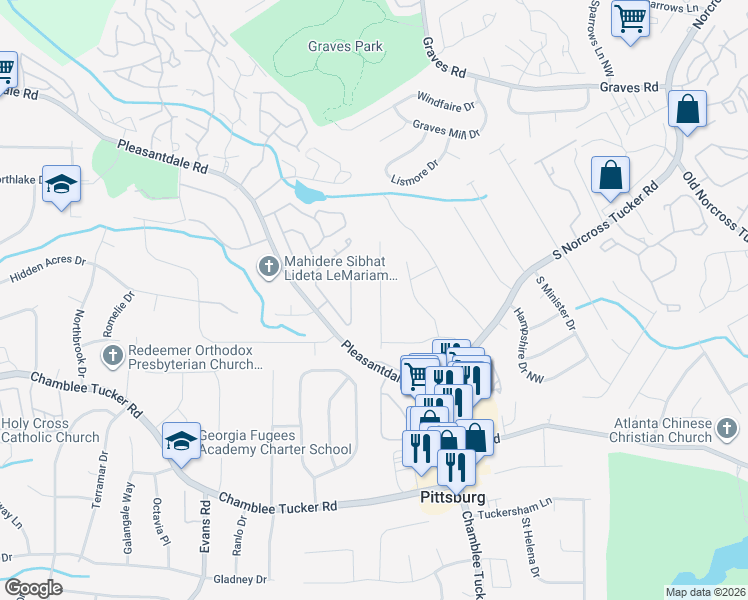 map of restaurants, bars, coffee shops, grocery stores, and more near 3334 Spring Meadow Court in Tucker
