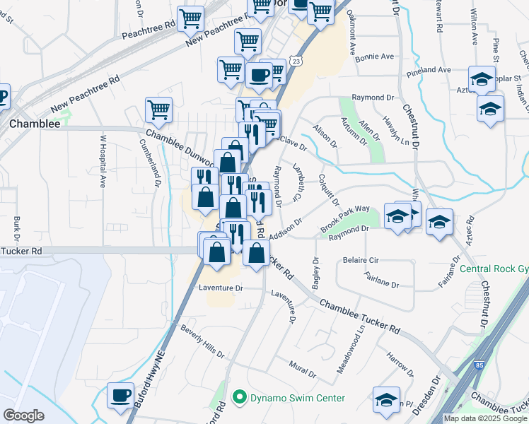 map of restaurants, bars, coffee shops, grocery stores, and more near 3405 Shallowford Road in Doraville