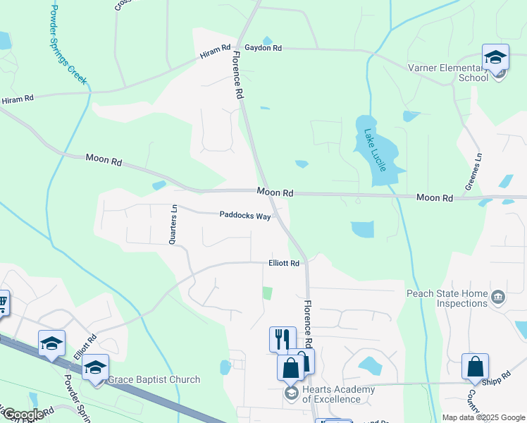 map of restaurants, bars, coffee shops, grocery stores, and more near 1020 Paddocks Way in Powder Springs