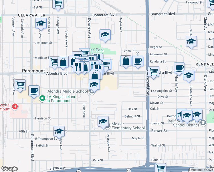 map of restaurants, bars, coffee shops, grocery stores, and more near 15946 Downey Ave in Paramount
