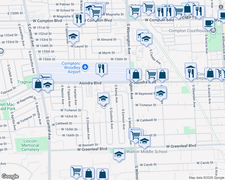 map of restaurants, bars, coffee shops, grocery stores, and more near 925 West Raymond Street in Compton
