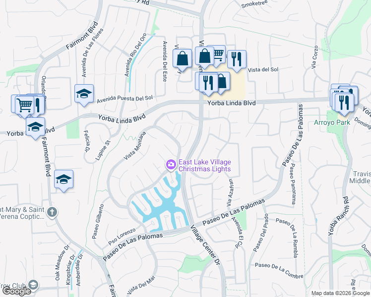 map of restaurants, bars, coffee shops, grocery stores, and more near 5110 Vía Donaldo in Yorba Linda