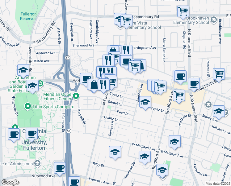 map of restaurants, bars, coffee shops, grocery stores, and more near 3020 Yorba Linda Boulevard in Fullerton