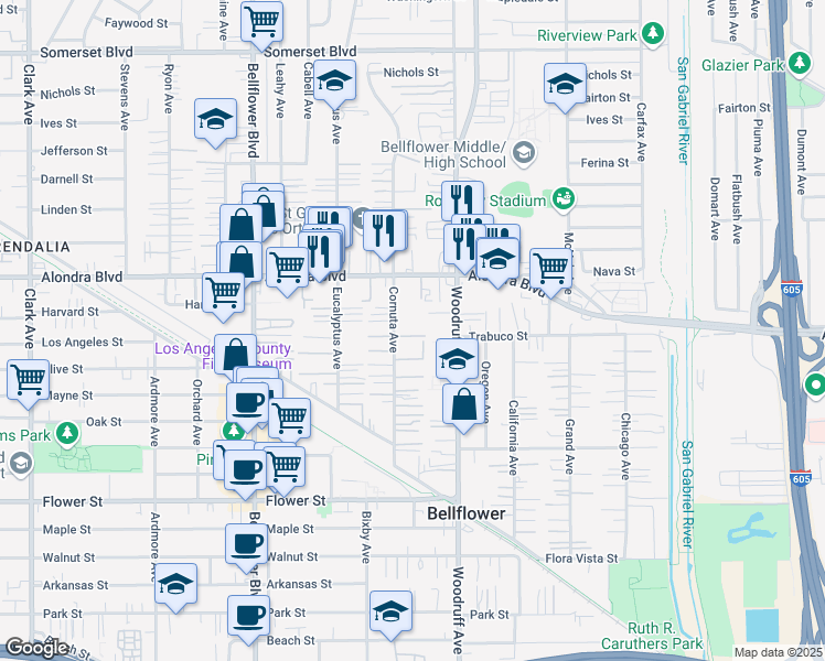 map of restaurants, bars, coffee shops, grocery stores, and more near 16112 3/4 Cornuta Avenue in Bellflower