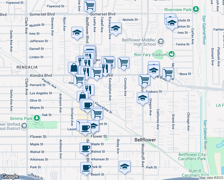 map of restaurants, bars, coffee shops, grocery stores, and more near 16123 Eucalyptus Avenue in Bellflower