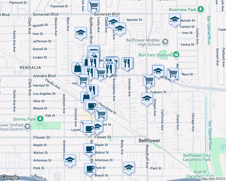map of restaurants, bars, coffee shops, grocery stores, and more near 16123 Eucalyptus Avenue in Bellflower