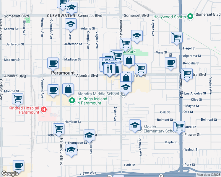 map of restaurants, bars, coffee shops, grocery stores, and more near 15943 Indiana Avenue in Paramount