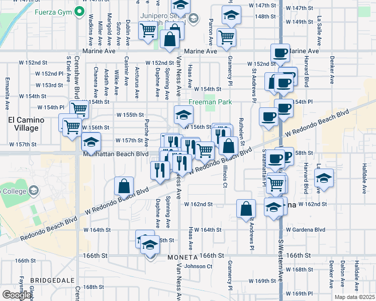 map of restaurants, bars, coffee shops, grocery stores, and more near 2125 West 157th Street in Gardena