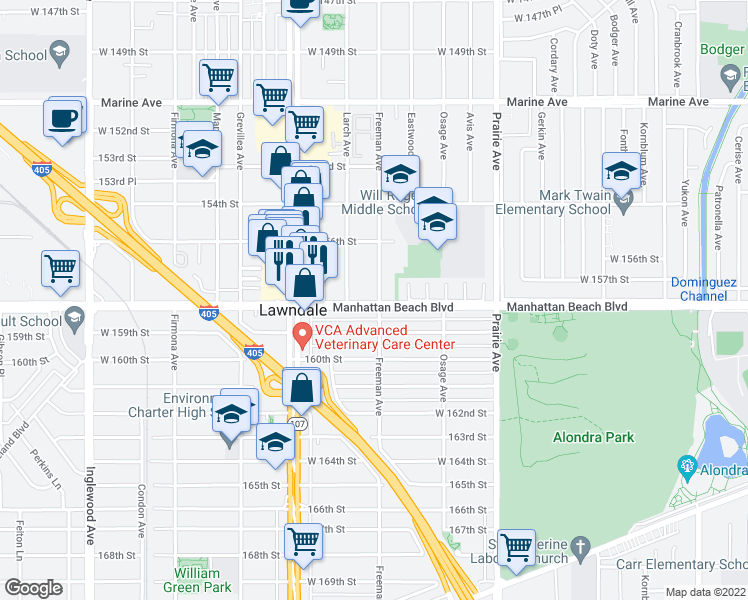 map of restaurants, bars, coffee shops, grocery stores, and more near 15712 1/2 Freeman Avenue in Lawndale