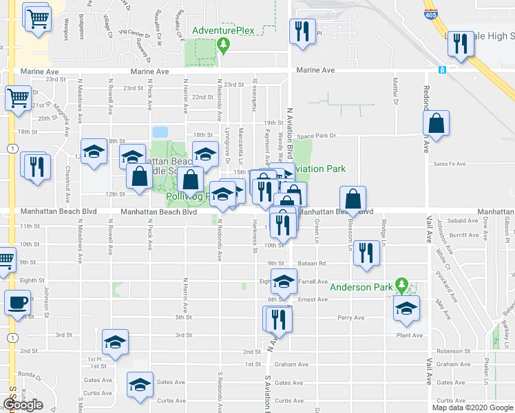 map of restaurants, bars, coffee shops, grocery stores, and more near 1826 12th Street in Manhattan Beach