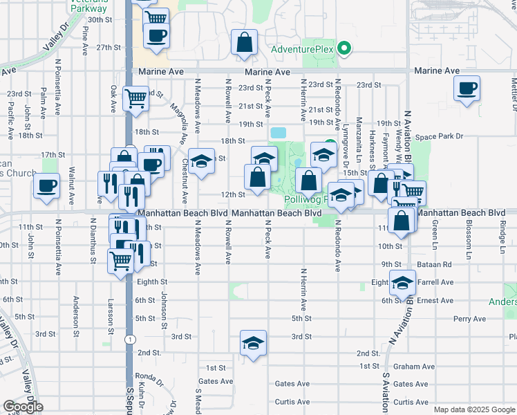 map of restaurants, bars, coffee shops, grocery stores, and more near 1151 North Peck Avenue in Manhattan Beach
