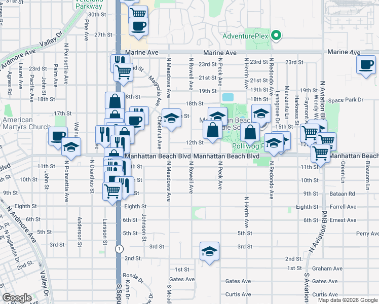 map of restaurants, bars, coffee shops, grocery stores, and more near 1334 12th Street in Manhattan Beach