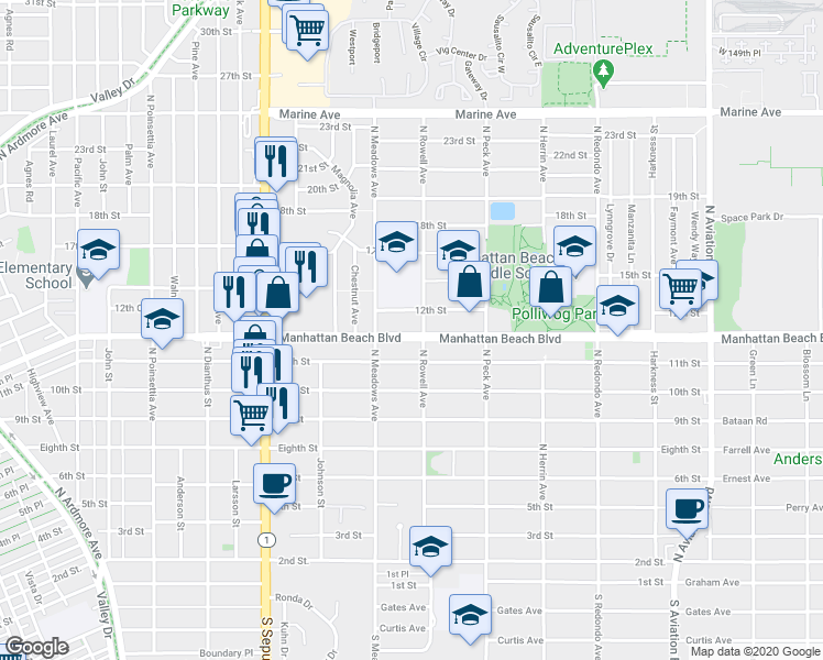 map of restaurants, bars, coffee shops, grocery stores, and more near 1334 12th Street in Manhattan Beach