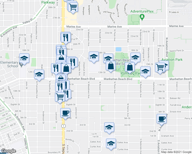 map of restaurants, bars, coffee shops, grocery stores, and more near 1334 12th Street in Manhattan Beach