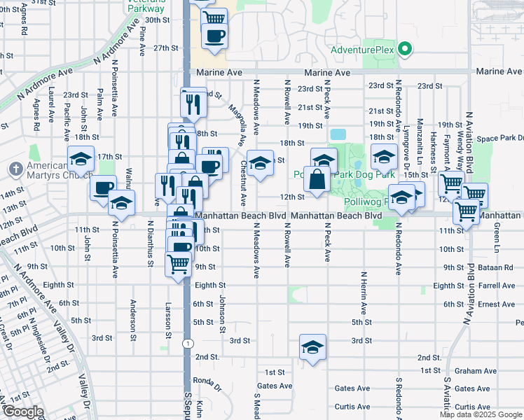 map of restaurants, bars, coffee shops, grocery stores, and more near 1163 North Meadows Avenue in Manhattan Beach