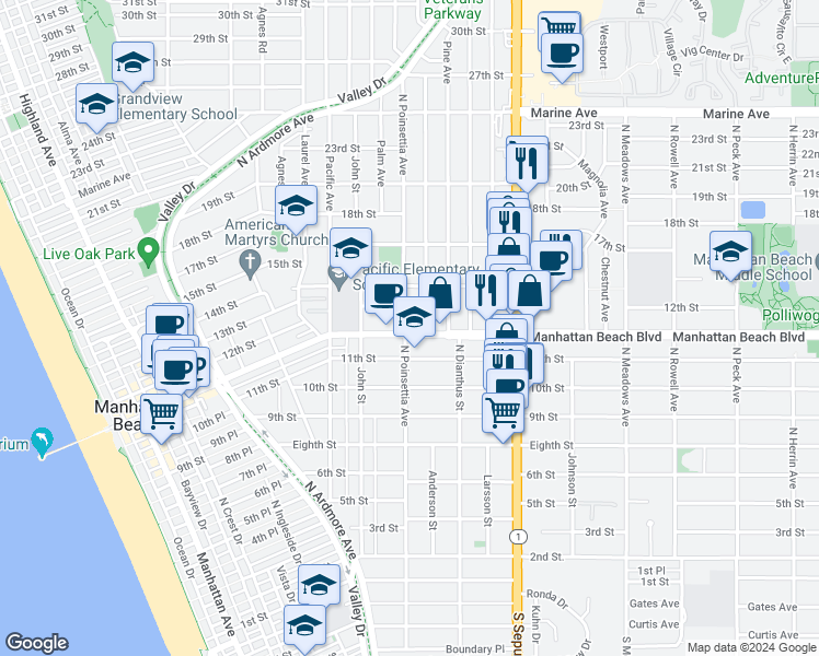 map of restaurants, bars, coffee shops, grocery stores, and more near 1148 Walnut Avenue in Manhattan Beach