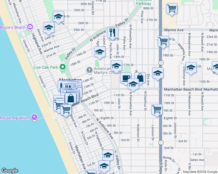 map of restaurants, bars, coffee shops, grocery stores, and more near 4 Arbolado Court in Manhattan Beach