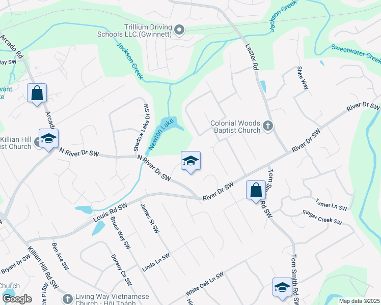 map of restaurants, bars, coffee shops, grocery stores, and more near 3915 Ashley Trace Court Southwest in Lilburn