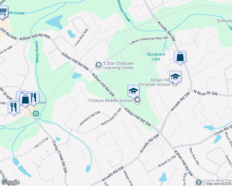 map of restaurants, bars, coffee shops, grocery stores, and more near 70 Killian Hill Road Southwest in Lilburn