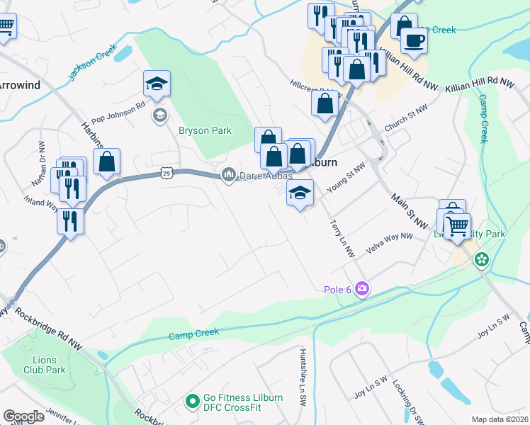 map of restaurants, bars, coffee shops, grocery stores, and more near 320 Jon Jeff Drive Northwest in Lilburn