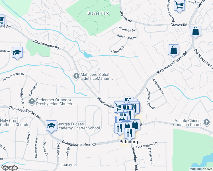 map of restaurants, bars, coffee shops, grocery stores, and more near 3334 Spring Meadow Court in Tucker