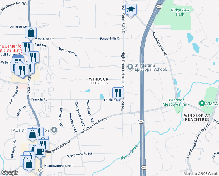map of restaurants, bars, coffee shops, grocery stores, and more near 4855 Kendall Court Northeast in Atlanta