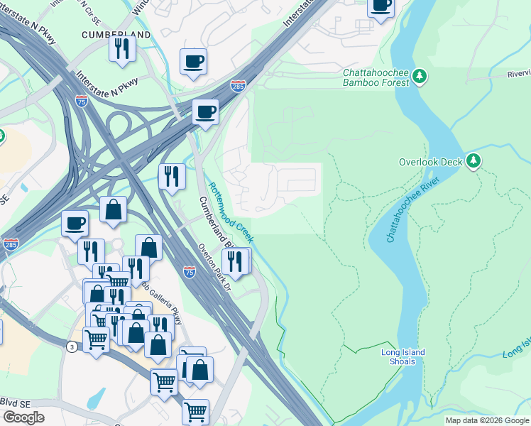 map of restaurants, bars, coffee shops, grocery stores, and more near 3645 Chattahoochee Summit Drive Southeast in Atlanta
